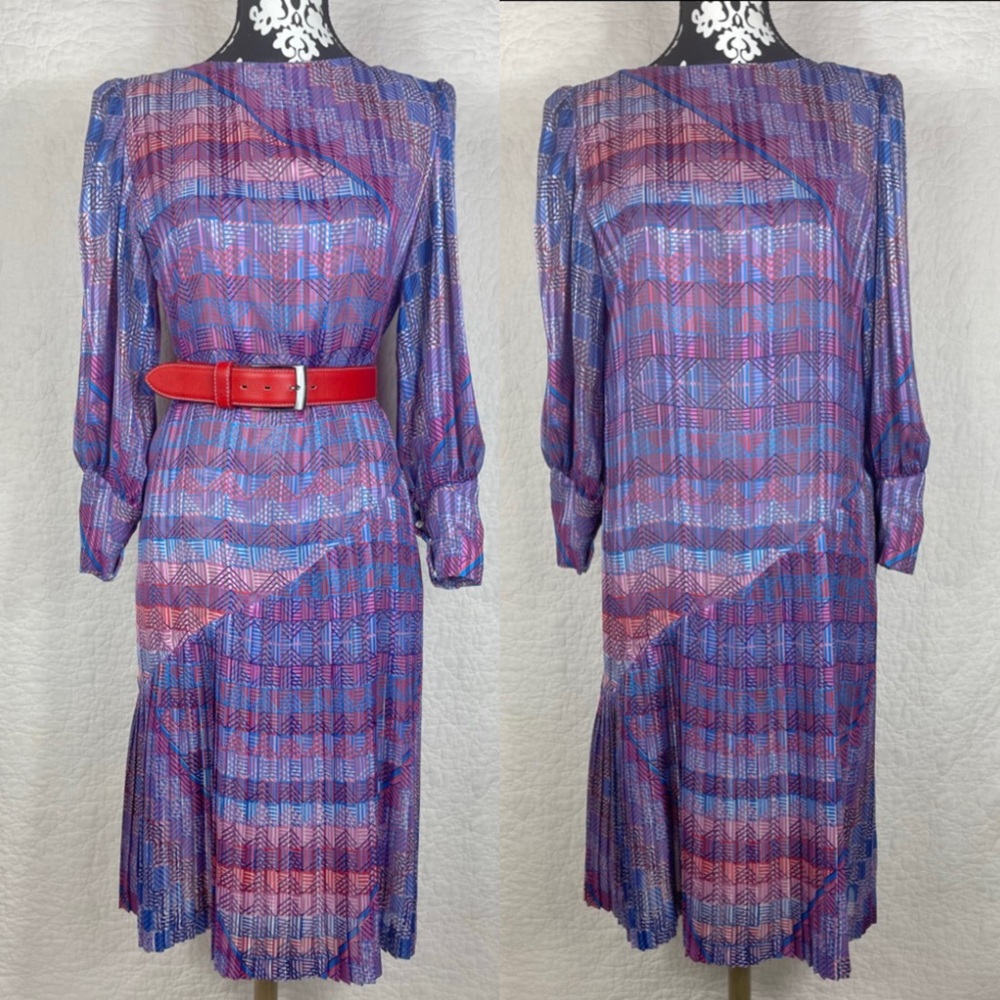 🔥Vintage 80s Glam Hanae Mori Geo Abstract Print Multicolored Pleated Midi Dress